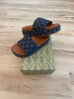 Gucci Denim Logo Slide Sandals with Brown Footbed